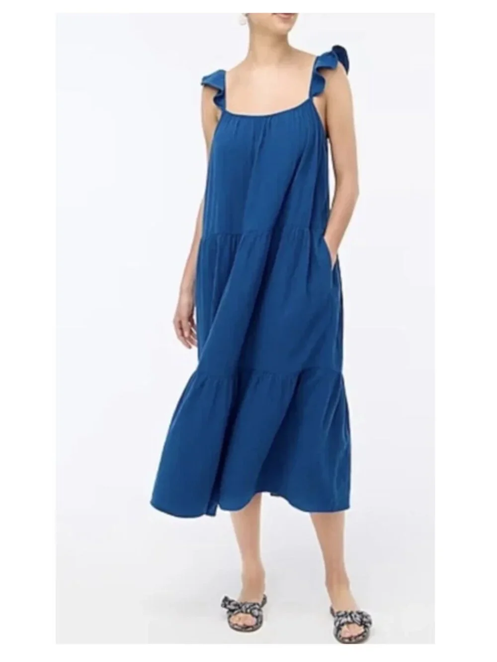 J. Crew Blue Tiered A-Line Cotton Gauze Midi Dress Sz XL Pockets 100% Cotton NWT